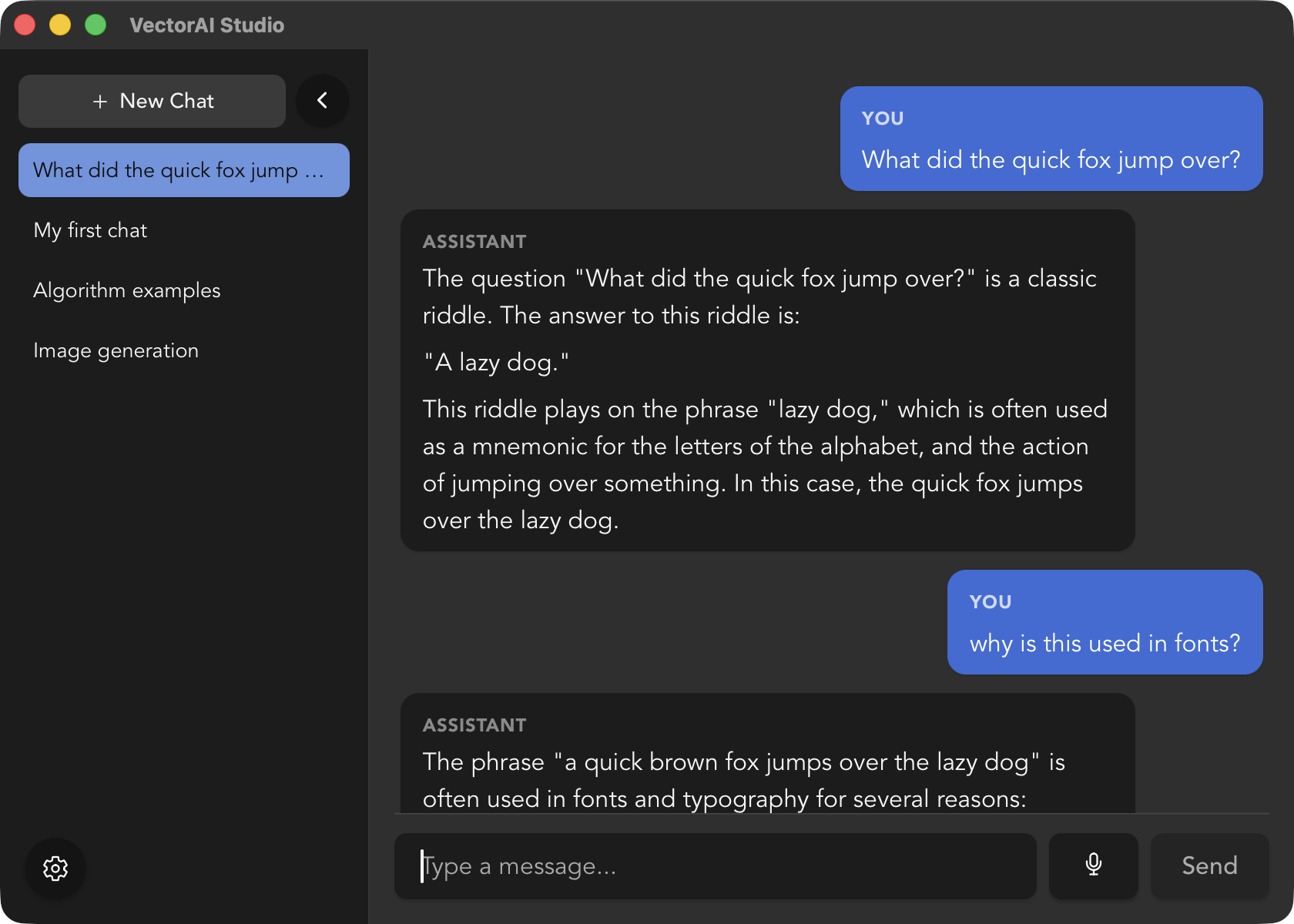 VectorAI Studio chat interface screenshot